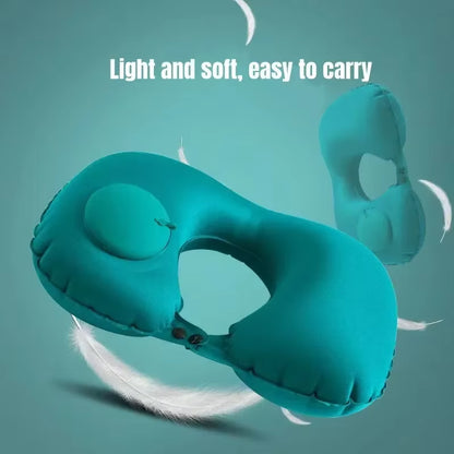 U-Shaped Inflatable Travel Pillow - Soft Velvet Neck Support Cushion with Press Inflation for First-Class Comfort