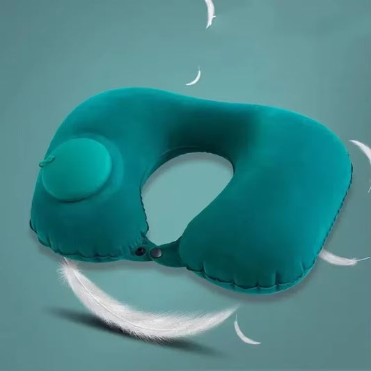 U-Shaped Inflatable Travel Pillow - Soft Velvet Neck Support Cushion with Press Inflation for First-Class Comfort