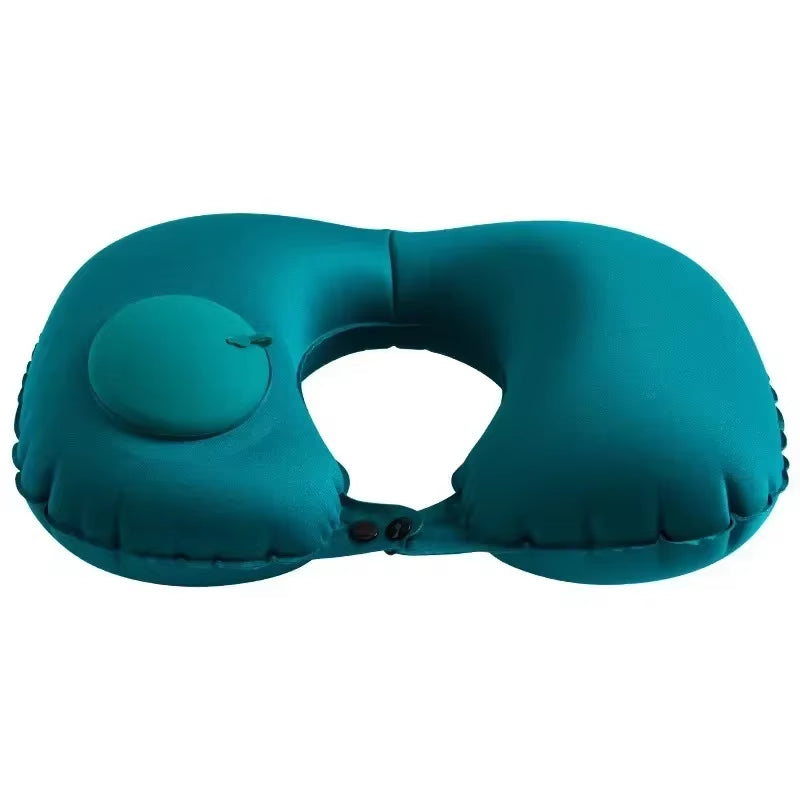 U-Shaped Inflatable Travel Pillow - Soft Velvet Neck Support Cushion with Press Inflation for First-Class Comfort