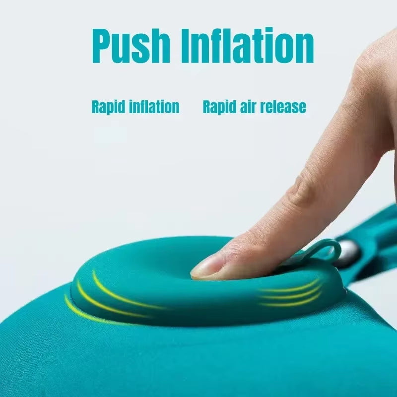 U-Shaped Inflatable Travel Pillow - Soft Velvet Neck Support Cushion with Press Inflation for First-Class Comfort
