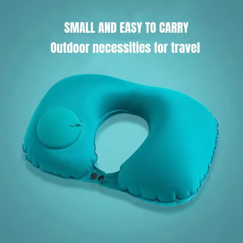U-Shaped Inflatable Travel Pillow - Soft Velvet Neck Support Cushion with Press Inflation for First-Class Comfort