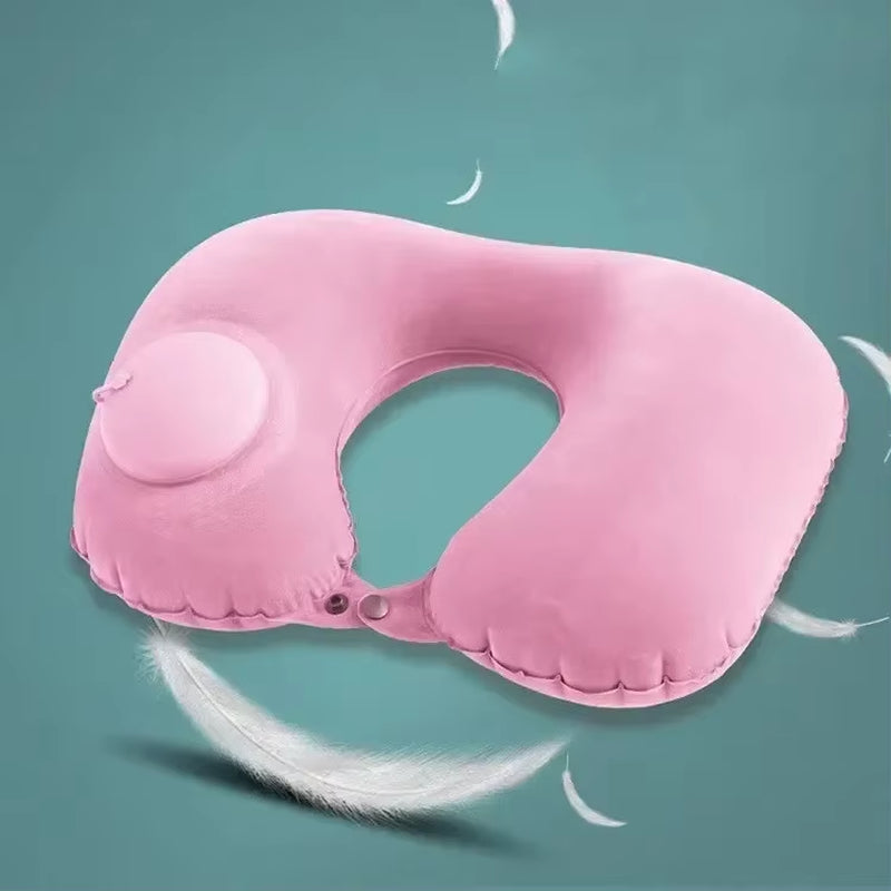 U-Shaped Inflatable Travel Pillow - Soft Velvet Neck Support Cushion with Press Inflation for First-Class Comfort