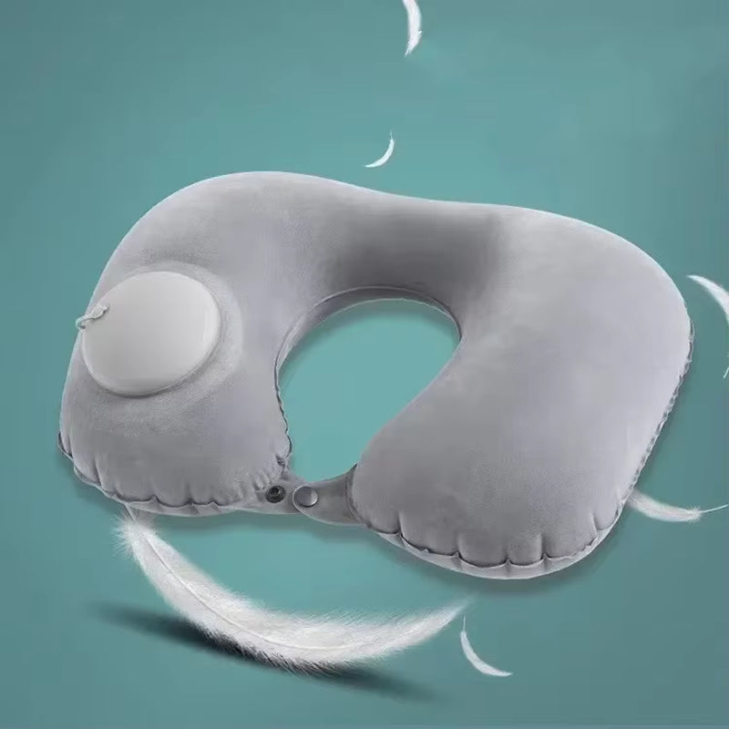 U-Shaped Inflatable Travel Pillow - Soft Velvet Neck Support Cushion with Press Inflation for First-Class Comfort